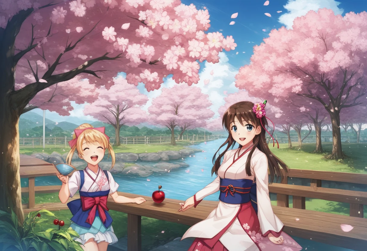 There is a small pond with a bridge and benches in the middle, 背景にcherry blossomsの木, 背景にcherry blossomsの木, cherry blossomsの木々, Beautiful Iwakura, Japanese Countryside,  cherry blossoms, lush cherry blossomsの木々, cherry blossomsの木の下で, cherry blossomsが咲く, sakura season, cherry blossomsの森, moat, 巨大なcherry blossomsの木, cherry blossomsの木