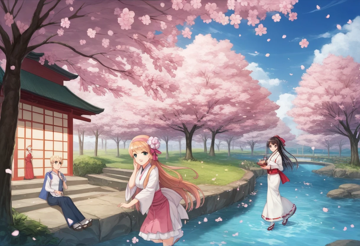 There is a small pond with a bridge and benches in the middle, 背景にcherry blossomsの木, 背景にcherry blossomsの木, cherry blossomsの木々, Beautiful Iwakura, Japanese Countryside,  cherry blossoms, lush cherry blossomsの木々, cherry blossomsの木の下で, cherry blossomsが咲く, sakura season, cherry blossomsの森, moat, 巨大なcherry blossomsの木, cherry blossomsの木