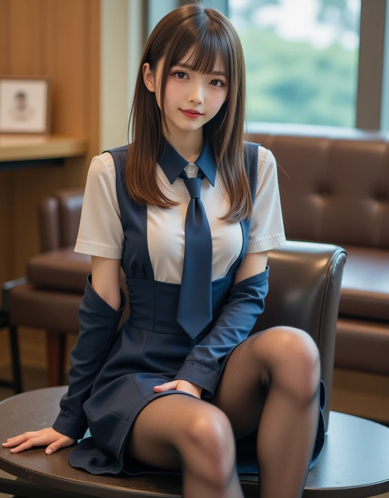 High angle shooting, Asian woman arafed in a short skirt and bow tie sitting on a train, menina bonita, solo, uniforme escolar de menina japonesa, wearing Japanese school uniform, Japanese school uniform, uma aluna hiperrealista, vestida como aluna, aluna hiperrealista, vestindo uniforme escolar, menina realista vestindo uniforme, vestindo um uniforme escolar, de uma estudante posando, corpo inteiro, nice skin, pele brilhante, nice thighs, coxa brilhante, pernas brilhantes, ursinho pelucia,