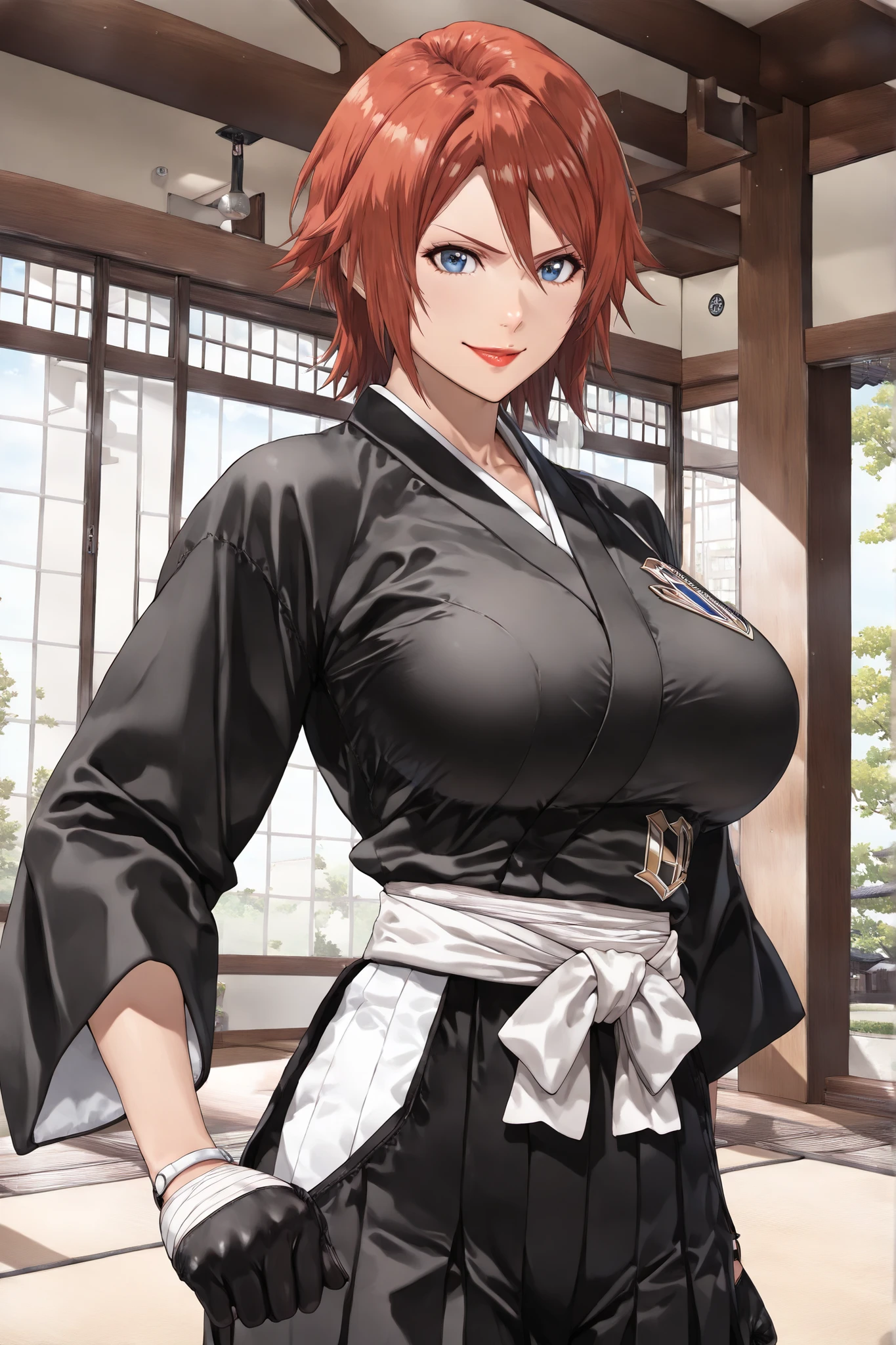 Masterpiece, ultra-detailed, 4K, HD, semi-realistic style, cinematic lighting. perfect face, perfect hands, perfect eyes, ((Cowboy shot)), Vanessa reimagined as a strategist and combat specialist of the 7th Division in Bleach. (((black kimono))), ((Short auburn hair styled neatly, intense yet focused blue eyes radiating calm determination)). Lean but athletic build, exuding precision and strength, wearing a refined black shinigami uniform with subtle navy and bronze accents symbolizing her balance of combat and tactical expertise. Confident expression with a smirk hinting at her sharp intellect and combat prowess. Her hands are wrapped in protective bandages, symbolizing her mastery of Hakuda (hand-to-hand combat). Around her, faint streams of reiatsu flow like threads, reflecting her ability to tactically manipulate energy. Traditional Seireitei backdrop with an open training field and banners of the 7th Division visible in the distance. Scene emphasizing her duality as a fighter and thinker, exuding strength and intelligence. Best quality, semi-realistic style, harmony in composition, sharp details and vivid contrast. 2D semi-realistic, ((solo)), (((1woman))), auburn hair, confident pose, hand wraps, blue eyes, athletic physique, ((black shinigami uniform)), bare midriff, VanessaKOF, red hair, short hair, black gloves, red lips, big breasts