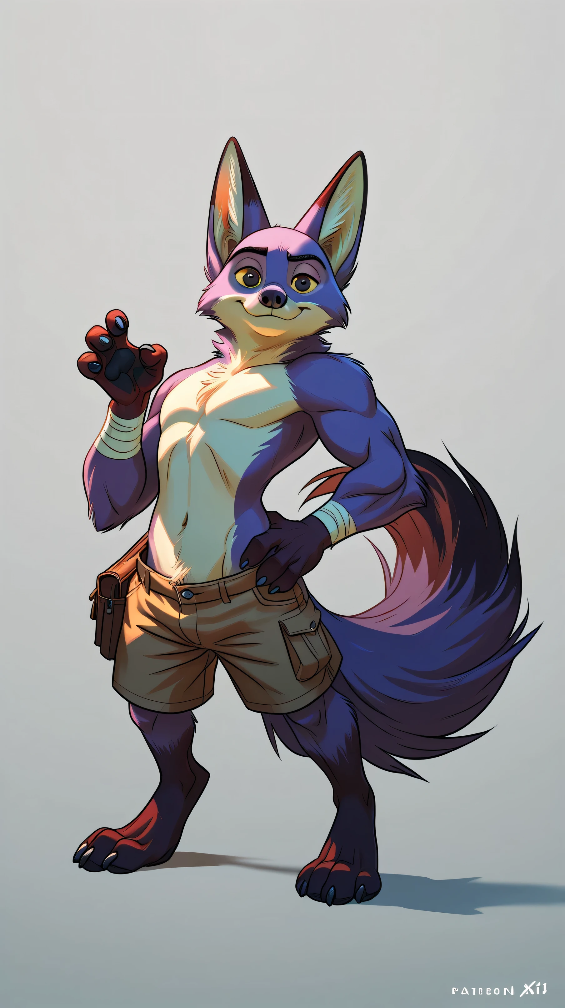 NickWilde fox brown eyes, yellow sclera, solo, detailed, detailed face, black eyes, anthro body, male, adult, muscular, cartoon shading, cel shaded:1.0, flat colors, (no background, white background):1.5, shirtless, wfa style, negger style, cartoony anatomy, above waist, looking at viewer, posing, smile 