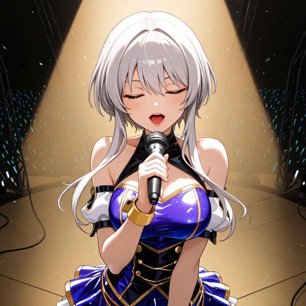 girl, idol, silver hair, long hair, floating hair, pink eyes, large breasts, purple idol costume, blush, open mouth, reaching towards viewer, stage, stage lights