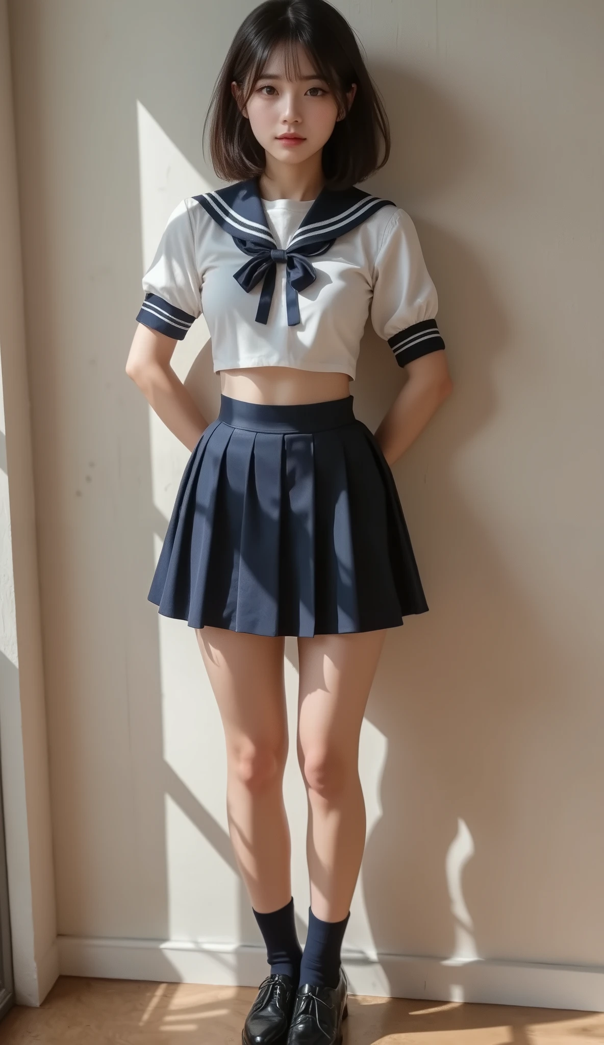 8k UHD、Digital single-lens reflex camera、High resolution、shallow depth of field、Natural light、(((sailor suit)))、(((Dark blue super mini skirt)))、(((full body shot)))、small person、(((young face)))、1 Japanese girl、16 years old; beautiful girl、(black hair)、(((brown eyes)))、Glossy skin、smooth thin hair、long hair、detailed background、highly detailed eyes and face、clear eyes、cute smile、Calm atmosphere、(((climb the stairs)))、(((detailed small breasts)))、(((beautiful eyes)))、petya pie、children `s、(((tight thighs)))、(((white panties)))、(((angle from below) ))、(((detailed lips)))、(((The skirt is fluttering)))、beautiful shining legs、((nsfw))