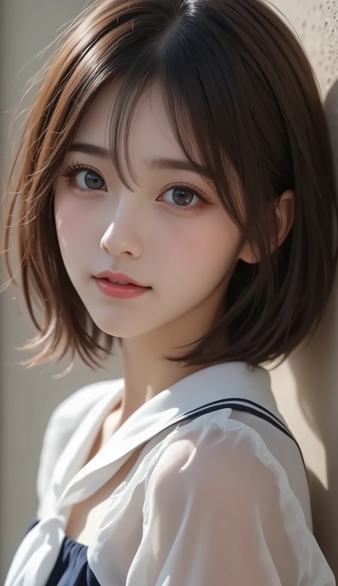 masterpiece、highest quality、High resolution、Tabletop、wallpaper、Realistic、Bright lighting、Professional Lighting、Face Light、Smooth lighting、Japanese women、Adult female、Beautiful woman、The actress plays、gravure、sexy、so beautiful、Beautiful Skin、Beautiful and detailed、Detailed face、slim、The chest size is medium~big 、short hair、Brunette colored hair、Brown eyes、Looking at the camera、Gundam from the neck down、Deep Emotions、Beautiful areola、Beautiful nipples、Opening Yukata、