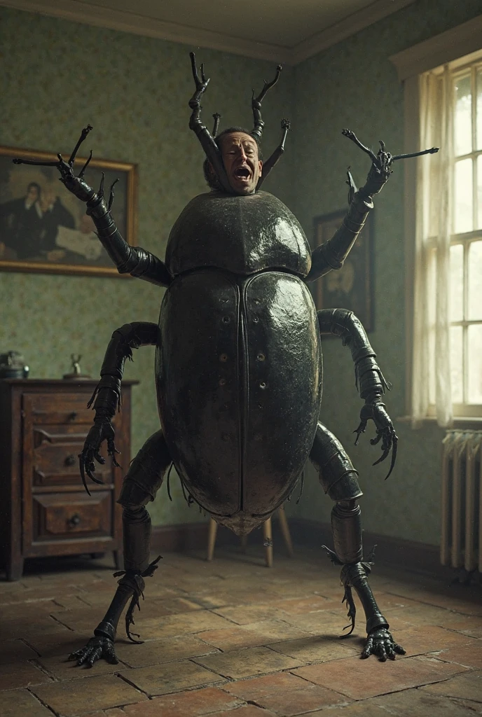 It shows a man converted into a large insect, with an enormous body of ...