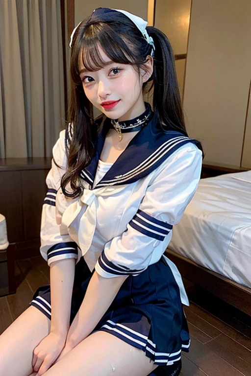 A young woman in a high school uniform poses for a full-body photo, Surrealism female students, Wearing a Japanese school uniform, Realistic schoolgirl, in school uniform, japanese girl school uniform, in school uniform, girl in uniform, Japanese school uniform, of a schoolgirl posing, cute female student, Beautiful Anime High School Girls,Expose your legs,High-definition real photos,Double ponytail,Do not wear a coat,White shirt,Kilt,Double eyelids,face round,being thin,Thin legs,Kilt,standing on your feet