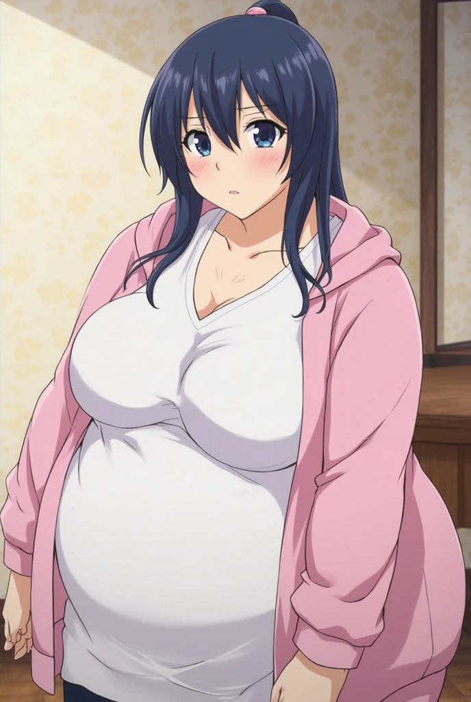 Anime woman enormous bloated expanding diaper mess, huge breast, orgasm face, butt toward viewer, white bra, squeezing breast
