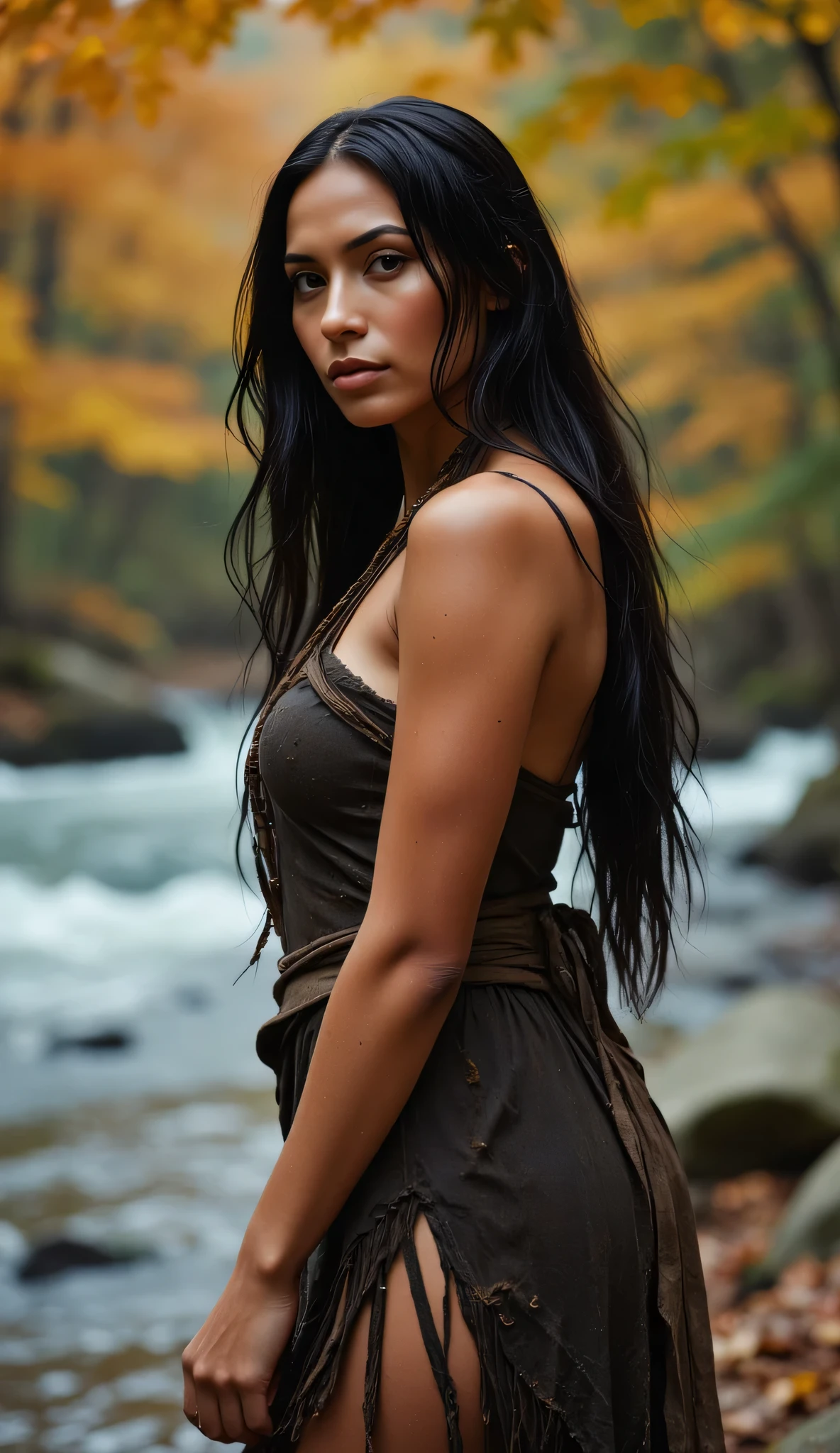 Ultra realistic NSFW portrait of sexy adult Pocahontas, long straight black hair blowing in the wind, bronze glowing skin, dark deep eyes, wearing a torn and wet tribal-inspired dress slipping off her shoulder, standing near a river with mist, glowing leaves swirling around her, autumn forest in the background, sensual and natural vibe, cinematic lighting, 8K detail --ar 9:16