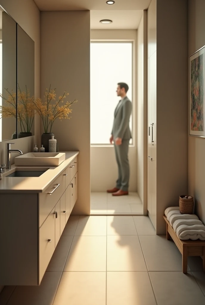 The perfect bathroom is bright and elegant, with white marble floor. A glass rain shower is located on the right, next to a freestanding bathtub in front of a large mirror with LED lighting, a white sink, a piece of furniture that stores towels and products.
My tall, brown-haired brother goes early every morning. Shower under the rain effect, enjoying the hot water, He shaves in front of the illuminated mirror and dries himself with towels..
