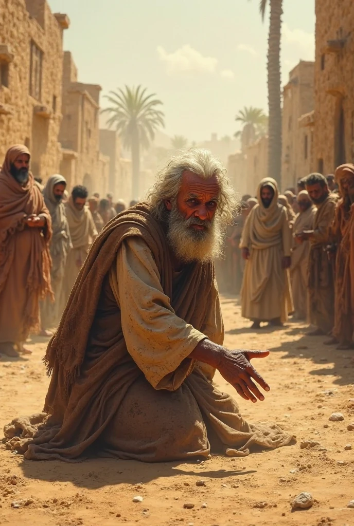 "Create a detailed scene of an ancient biblical setting where an elderly man with white hair and a beard, covered in sores, sits on the ground in agony. He wears tattered clothing, and his body language shows deep suffering. Around him, a group of people dressed in traditional ancient Middle Eastern garments are standing, some looking concerned, others shocked or in deep thought. The setting includes a desert landscape with distant mountains, ancient buildings in the background, and a few scattered palm trees. The overall atmosphere is somber, reflecting the man's intense suffering and the empathy of those around him."