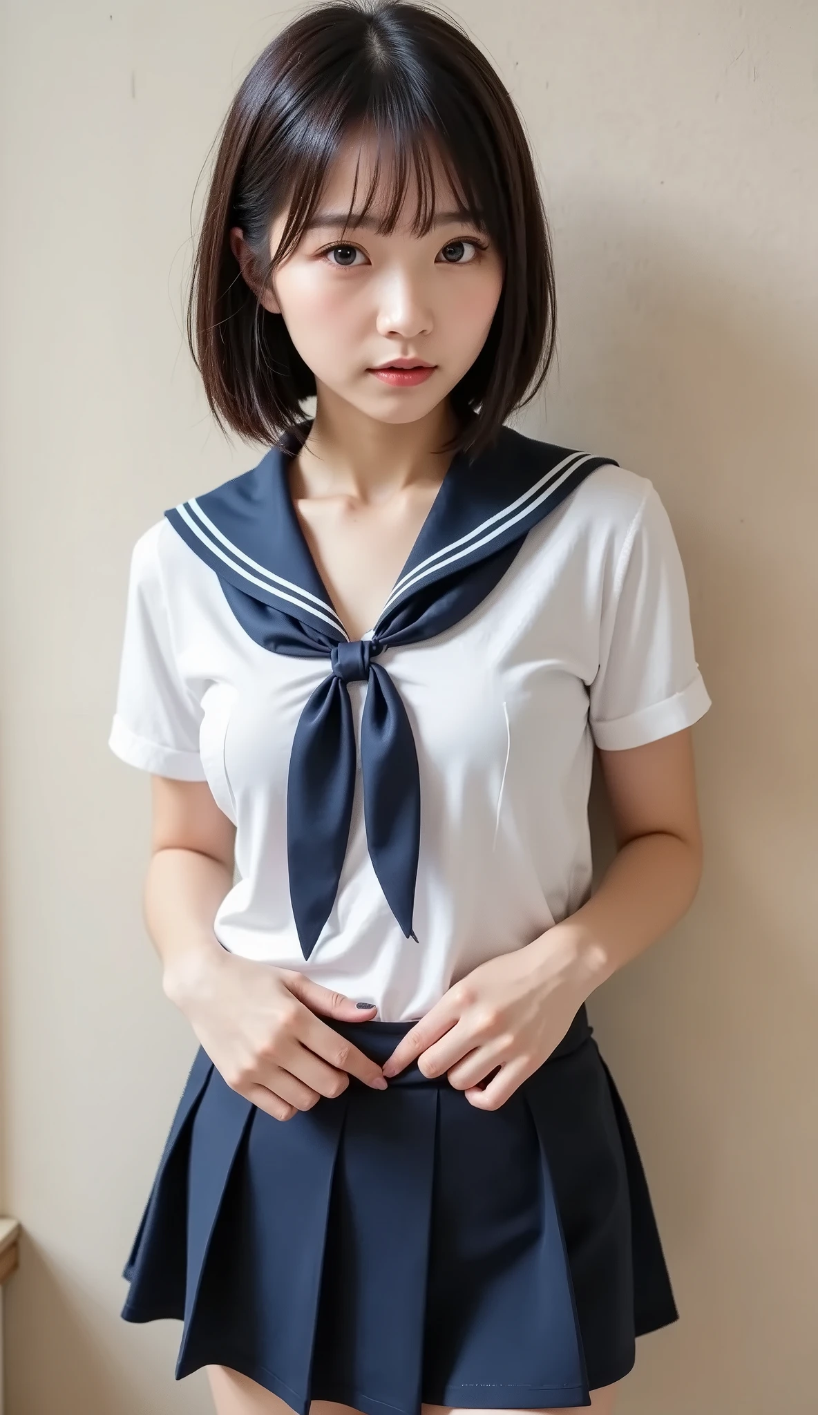 8k,Ultra High Resolution , Best Quality, masterpiece,rule of thirds,golden ratio,surreal,pictures, one woman,( girl:1.3),cute,cute顔, Beautiful Eyes in Every Detail , 細かくdetails,mature woman,Princess,Full body,black hair,Short Bob,ID photo, luxurious and beautiful ,( famous Japanese idol girl),非常にdetailsな, 美しいlikeいアジア人女性の超写実的なデジタルイラスト, fully visible from head to foot in the frame,elegant makeup,she wears a traditional Japanese schoolgirl uniform,wearing a white sailor-colored blouse with perfect clarity, knee-length navy blue pleated skirt,appropriate ribbon tie,like々exudes vibrancy and charm. She's also wearing navy blue knee-high socks and shiny black shoes, complete a classic school uniform,miniskirt,background is a minimalist, subtly textured neutral wall, simple yet effective with her outfit They provide contrast、Put her at the center of focus. The lighting is soft and even , gentle shadows that add depth and realism. is balanced in the composition , the subject is placed in the center, let you fully enjoy her outfit and look. The image is rendered in stunning 8K resolution, that captures every detail with perfect clarity,(((smile))),High heels, very delicate expression , delicate eye description,healthy body, ((Female 1)), Height: 160cm ,( thin waist:1.4)、( Beautiful :1.4), pink lips,Profile ,((( ideal figure))),Small A Cup Bust :2, portraits:2、 Perfect Anatomy 、鮮明な details、 details,thin lips,Perfect and beautiful face ,完璧でcute顔, meticulous skin , perfect limb that wraps around the body,thin waist, surreal,Light and Dark,fashion magazine cover,stage lights