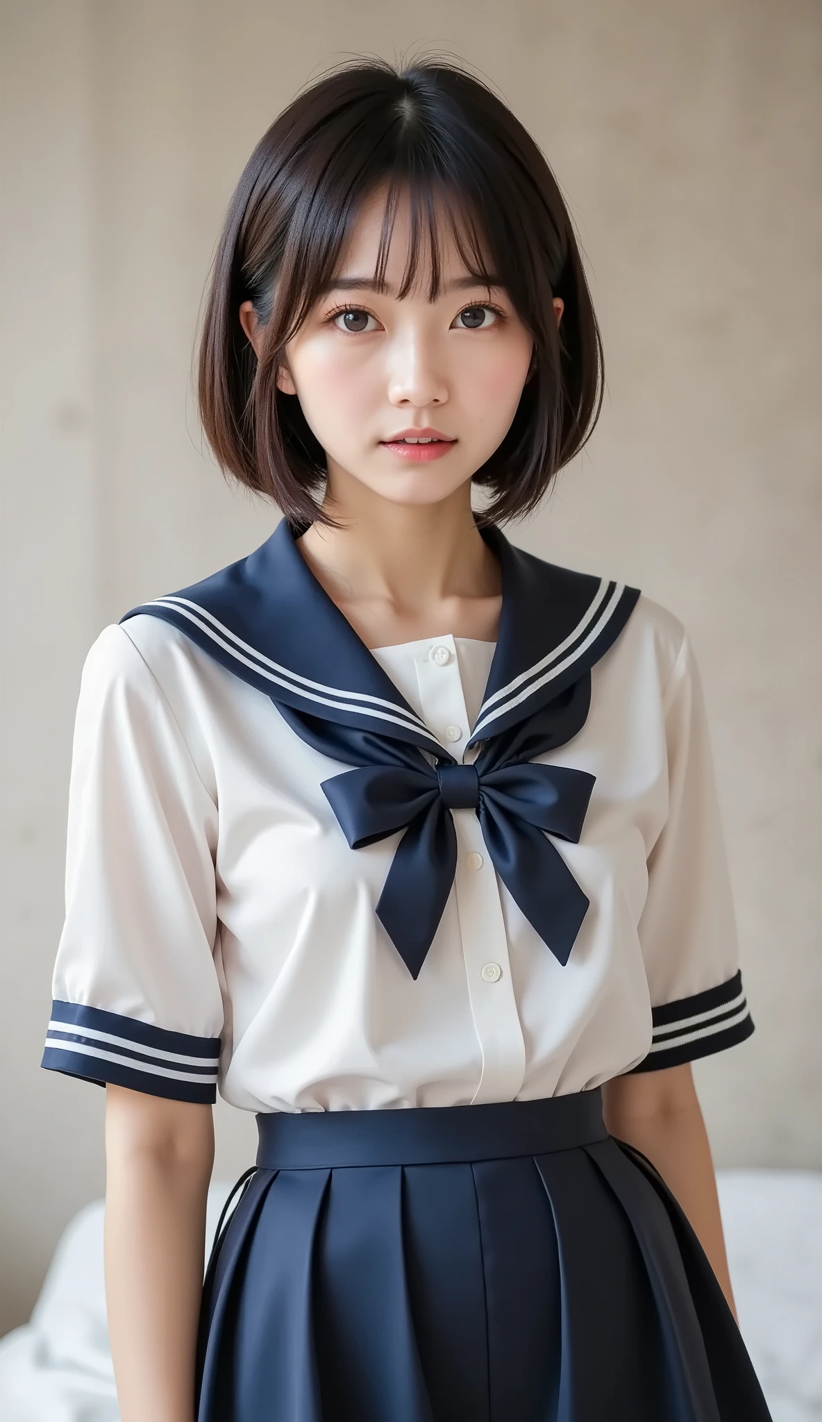 8k,Ultra High Resolution , Best Quality, masterpiece,rule of thirds,golden ratio,surreal,pictures, one woman,( girl:1.3),cute,cute顔, Beautiful Eyes in Every Detail , 細かくdetails,mature woman,Princess,Full body,black hair,Short Bob,ID photo, luxurious and beautiful ,( famous Japanese idol girl),非常にdetailsな, 美しいlikeいアジア人女性の超写実的なデジタルイラスト, fully visible from head to foot in the frame,elegant makeup,she wears a traditional Japanese schoolgirl uniform,wearing a white sailor-colored blouse with perfect clarity, knee-length navy blue pleated skirt,appropriate ribbon tie,like々exudes vibrancy and charm. She's also wearing navy blue knee-high socks and shiny black shoes, complete a classic school uniform,miniskirt,background is a minimalist, subtly textured neutral wall, simple yet effective with her outfit They provide contrast、Put her at the center of focus. The lighting is soft and even , gentle shadows that add depth and realism. is balanced in the composition , the subject is placed in the center, let you fully enjoy her outfit and look. The image is rendered in stunning 8K resolution, that captures every detail with perfect clarity,(((smile))),High heels, very delicate expression , delicate eye description,healthy body, ((Female 1)), Height: 160cm ,( thin waist:1.4)、( Beautiful :1.4), pink lips,Profile ,((( ideal figure))),Small A Cup Bust :2, portraits:2、 Perfect Anatomy 、鮮明な details、 details,thin lips,Perfect and beautiful face ,完璧でcute顔, meticulous skin , perfect limb that wraps around the body,thin waist, surreal,Light and Dark,fashion magazine cover,stage lights