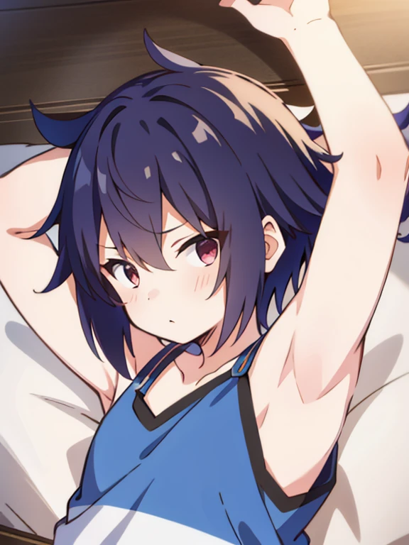 (Solo boy:1.3),fullbody,messy hair,(disappointed:1.3),embarrassed,show teeth,(paw pose:1.3),on the bed, Highest quality, High resolution, remu Suzumori,short bob cut hair,blue White border stripe bra and Panties, (flat chest:1.3),Detailed face,oily shine skin,bulge penis inside Panties,