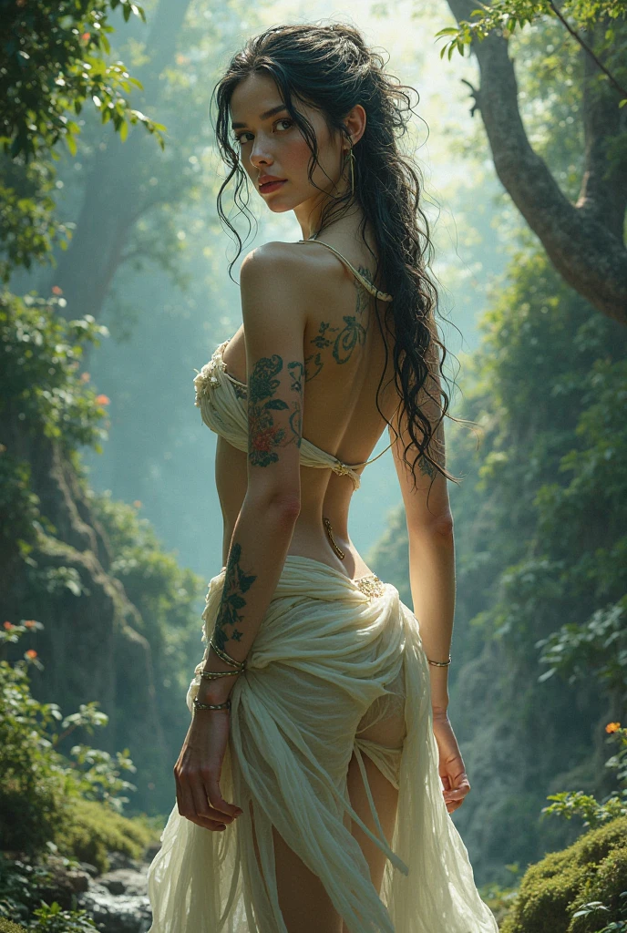 (1girl:1.2, body covered in words, words on body:1.1, tattoos of (words) on body:1.2), (masterpiece:1.4, best quality), medium breasts, (intricate details), unity 8k wallpaper, ultra detailed, (pastel colors:1.3), beautiful and aesthetic, see-through (clothes), detailed, solo <lora:epi_noiseoffset2:1.3>  in a forest, <lora:jellyfish-noise:1>