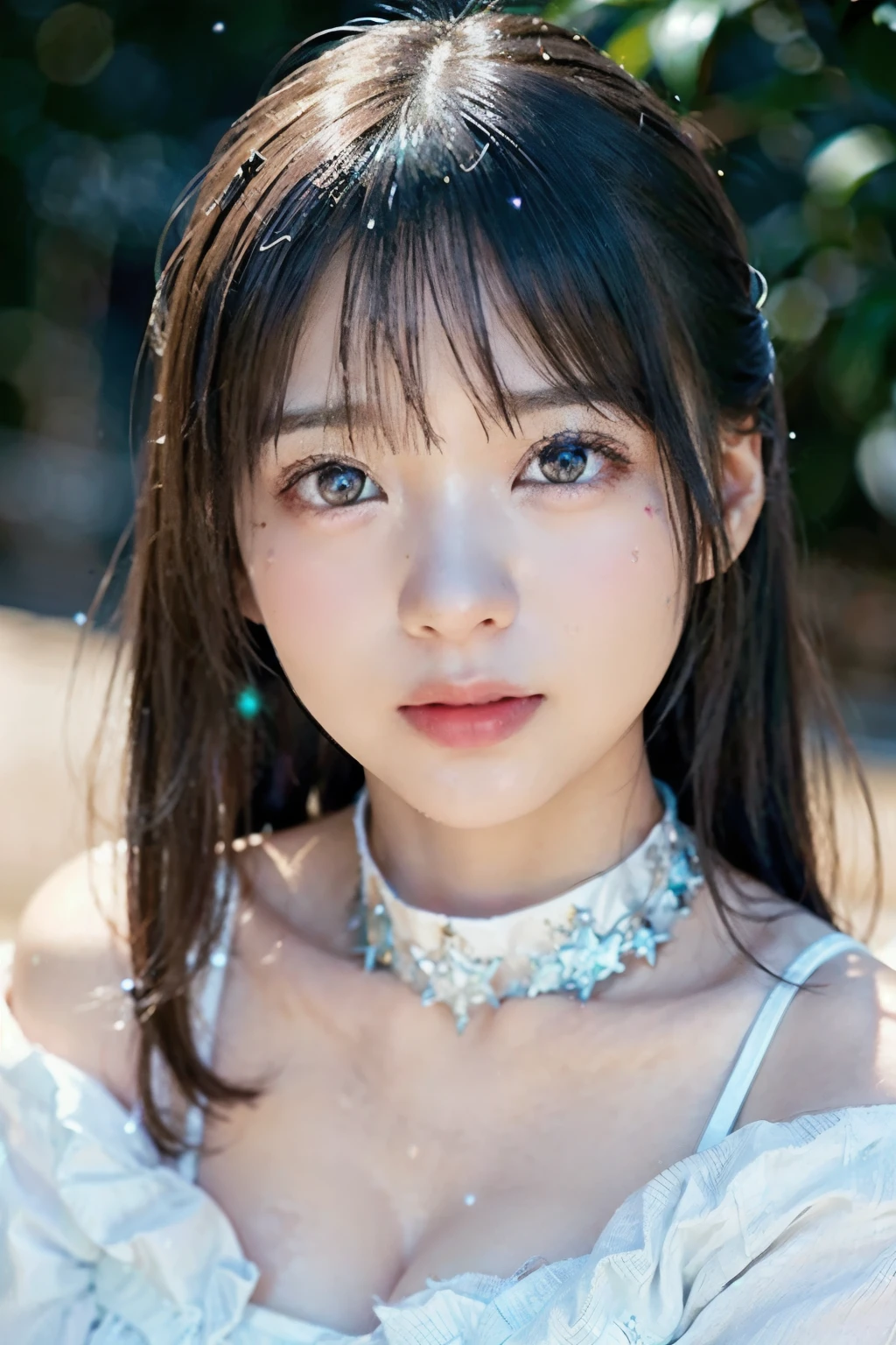 full body up , Portrait, Portrait, , 8k,masterpiece, Best Quality, 、Round-faced、Big Eyes、 troubled face、 slim、in trouble、naked、Nudes、全naked、facing the front、flat body 、cute、Age 15、, one girl on her back、looking at the camera、face to face、pure white hair、Glowing Skin、((( GLITTER SKIN )))、、((super realistic details))、Portrait、global illumination、shadow、octane rendering with a slightly smaller mouth、、、metal、 cold color、、very intricate details、Realistic Light、CGSoation Trend Beautiful Eyes 、Eyes Shining at the Camera、drop shadow、、Sparkling Turquoise Eyes 、((Snowflakes))、、white background、Chain Choker