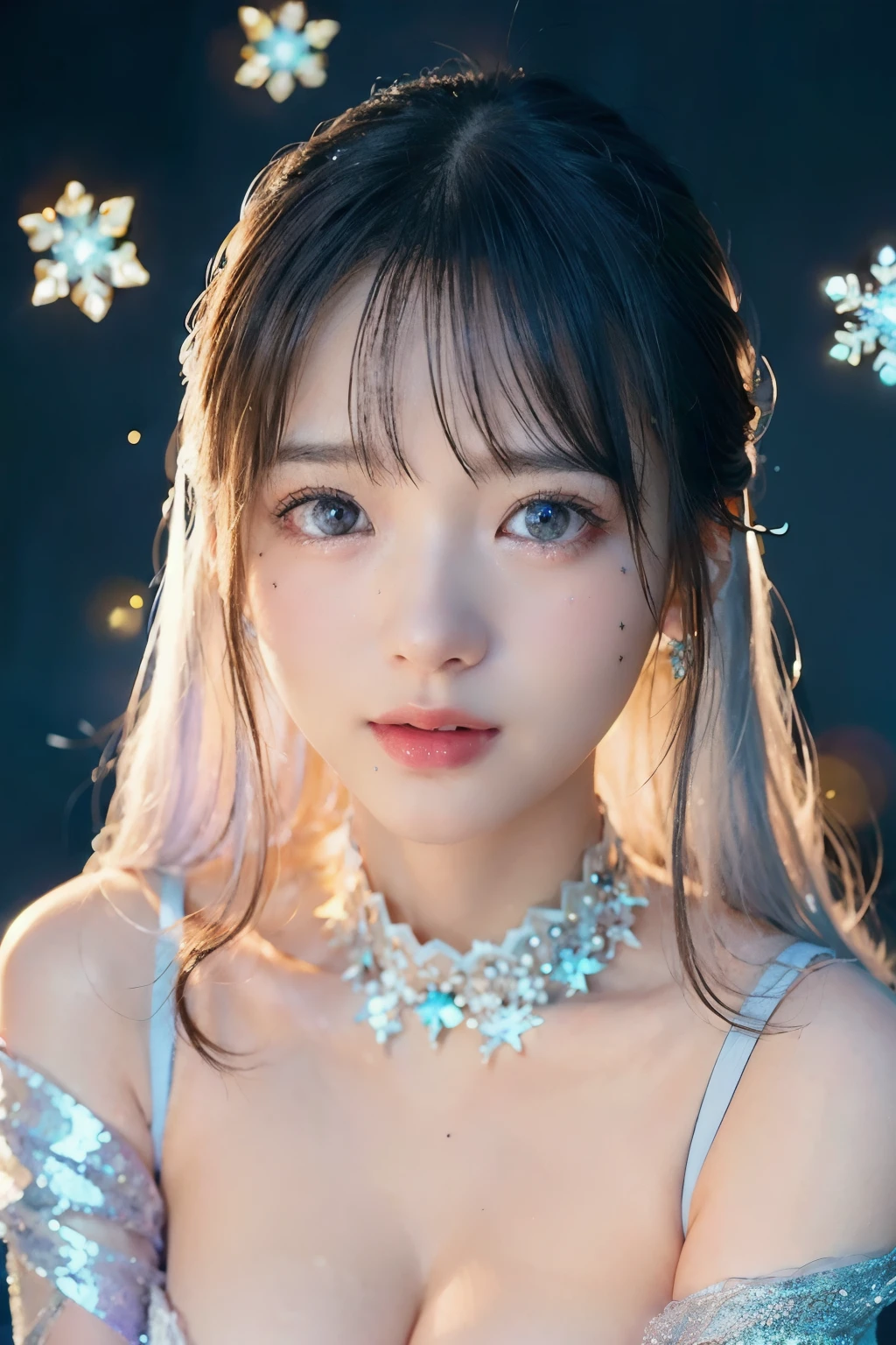  full body up , Portrait, Portrait, , 8k,masterpiece, Best Quality, 、Round-faced、Big Eyes、 troubled face、 slim、in trouble、naked、Nudes、全naked、facing the front、flat body 、cute、Age 15、, one girl on her back、looking at the camera、face to face、pure white hair、Glowing Skin、((( GLITTER SKIN )))、、((super realistic details))、Portrait、global illumination、shadow、octane rendering with a slightly smaller mouth、、、metal、 cold color、、very intricate details、Realistic Light、CGSoation Trend Beautiful Eyes 、Eyes Shining at the Camera、drop shadow、、Sparkling Turquoise Eyes 、((Snowflakes))、、white background、Chain Choker