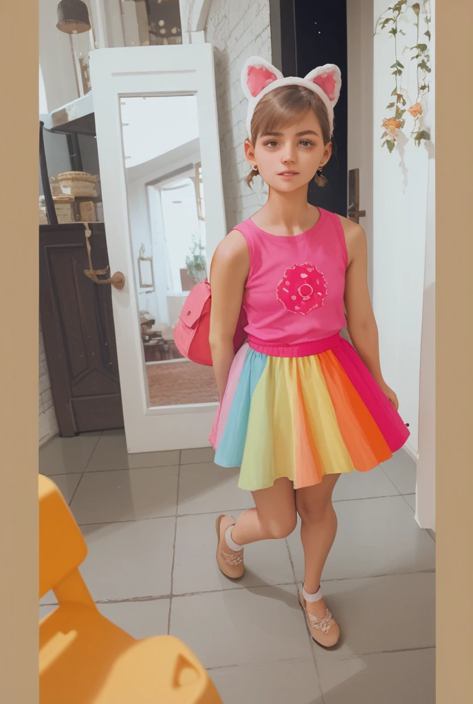Traduza texto com a câmara
create a 5 year old girl with curly brown hair disney pixar style style the design paw patrol pink dress with the Eskay logo from paw patrol