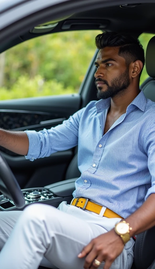 A sexy indian man, sitting inside of his car ,side view, homoerotic, nsfw 