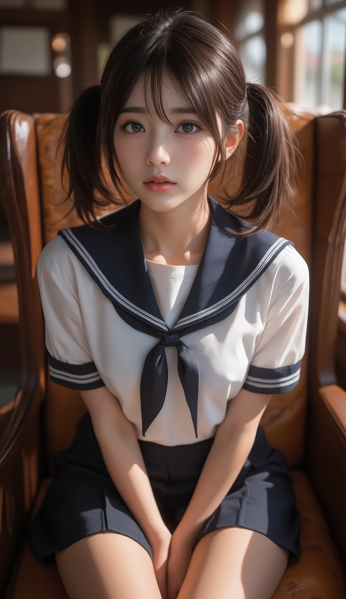 8k,Ultra High Resolution , Best Quality, masterpiece,rule of thirds,golden ratio,surreal,pictures, one woman,( girl:1.3),cute,cute顔, Beautiful Eyes in Every Detail , 細かくdetails,mature woman,Princess,Full body,black hair,Short twin tail hair,ID photo, luxurious and beautiful ,( famous Japanese idol girl),非常にdetailsな, 美しいlikeいアジア人女性の超写実的なデジタルイラスト, fully visible from head to foot in the frame,elegant makeup,she wears a traditional Japanese schoolgirl uniform,wearing a white sailor-colored blouse with perfect clarity, knee-length navy blue pleated skirt,appropriate ribbon tie,like々exudes vibrancy and charm. She's also wearing navy blue knee-high socks and shiny black shoes, complete a classic school uniform,miniskirt,in the train,sitting on a chair, simple yet effective with her outfit They provide contrast、Put her at the center of focus. The lighting is soft and even , gentle shadows that add depth and realism. is balanced in the composition , the subject is placed in the center, let you fully enjoy her outfit and look. The image is rendered in stunning 8K resolution, that captures every detail with perfect clarity,(((smile))),Booties, very delicate expression , delicate eye description,healthy body, ((Female 1)), Height: 160cm ,( thin waist:1.4)、( Beautiful :1.4), pink lips,Profile ,((( ideal figure))),Small A Cup Bust :2, portraits:2、 Perfect Anatomy 、鮮明な details、 details,thin lips,Perfect and beautiful face ,完璧でcute顔, meticulous skin , perfect limb that wraps around the body,thin waist, surreal,Light and Dark,fashion magazine cover,stage lights