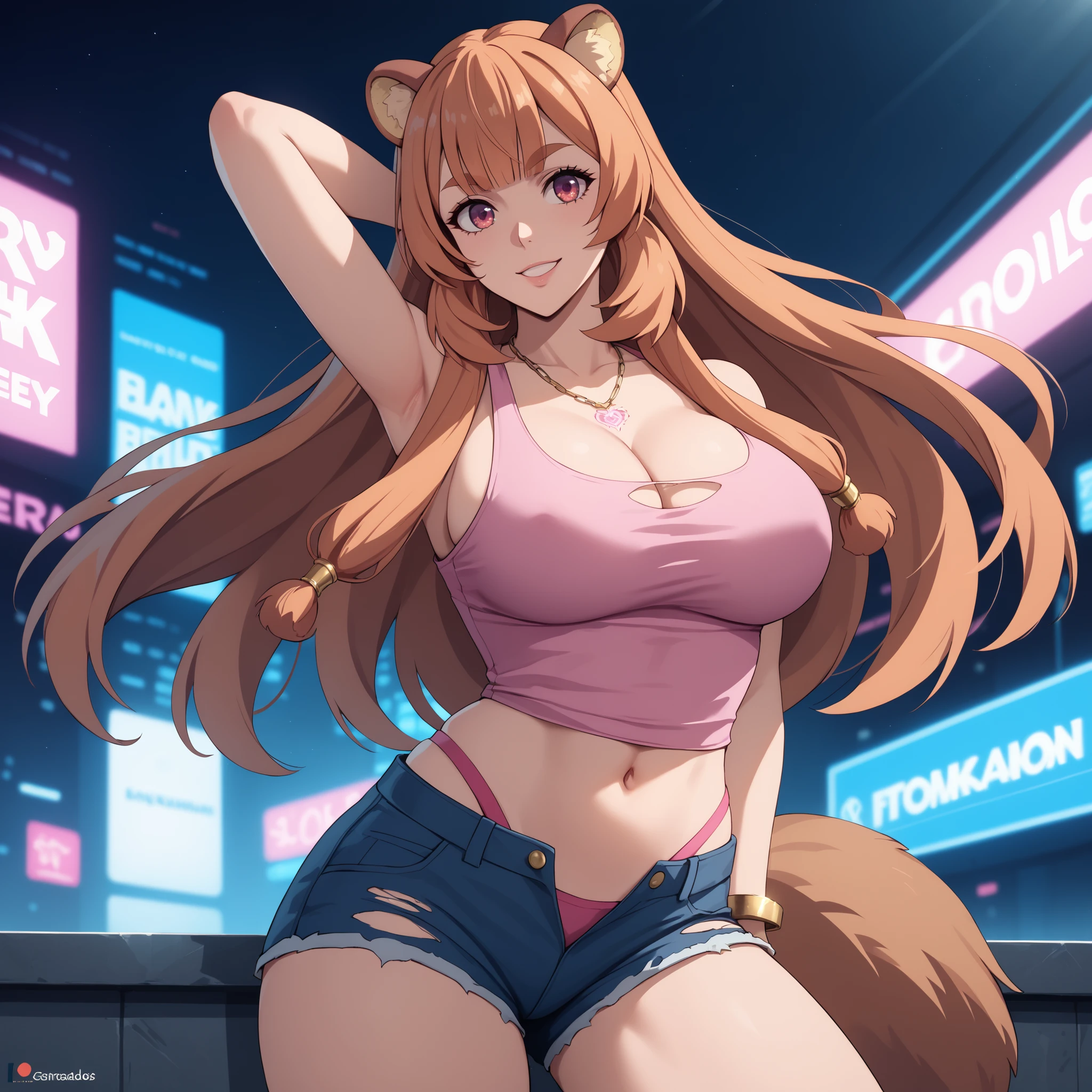 "raphtalia, Smooth orange hair hairstyle of the character Leone (Akame ga Kill) , rounded and soft bear ears , eyes red like rubies with a malicious glow , short and thick eyebrows, arrogant smile. curvaceous and slender figure , big breasts y bien proporcionados. ( pink tank top ) , (pink sleeveless top with buttons , Bermuda , neckline), ( ripped denim shorts). Her skin shines with drops of water , giving a moist and realistic effect . She wears elegant accessories , such as golden bracelets and a delicate necklace . standing in front of a cyberpunk city at night in the background. warm and soft lighting, highlighting the reflections in her skin and hair. anime style, ultra detailed, high quality art , 4k, soft shadows and vibrant light effects."( big breasts) a single woman. girl.