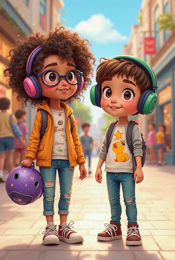 Create several approximately s sitting at a bus stop, among these children one is approximately , She must have curly hair with golden highlights, your skin should be brown and your eyes brown, who is of average height and has a cute appearance with a lilac headset