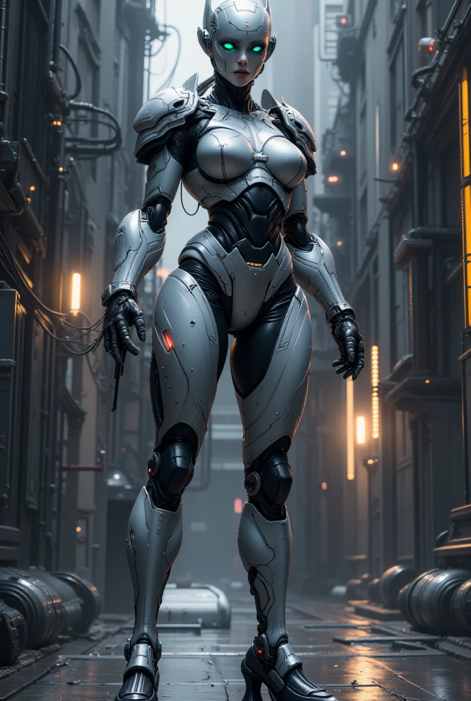 ((best quality)), ((masterpiece)), ((realistic)), (detailed), (photorealistic:1.5), a futuristic girl, gigantic breast, (thick body), (white bodysuit), lights on armor, cybernetic headwear, looking at viewer, dynamic pose, post apocalyptic, destroyed city background, buildings on fire, science fiction, hdr, ray tracing, nvidia rtx, super-resolution, unreal 5, subsurface scattering, pbr texturing, post-processing, anisotropic filtering, depth of field, maximum clarity and sharpness, rule of thirds, 8k raw, (luminescent particles:1.4), (extremely detailed cg, unity 8k wallpaper, 3d, cinematic lighting, lens flare), reflections, sharp focus, cyberpunk art, cyberpunk architecture,