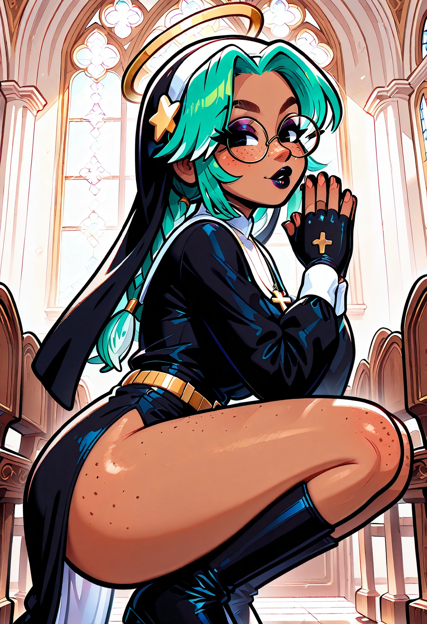 masterpiece, best quality, very aesthetic, absurdres, safe, (masterpiece), 1girl, solo, best quality, expressive eyes, perfect face, newest, perfect anatomy, flawless face, dark skinned African female with pigtails and glasses, light coming through stain glass windows in the background, dressed as a sexy nun, praying, squatting down, holy light on her, wearing a rosary, halo over her head, in a church, multicolored hair, showing a white panty shot, upskirt, color saturation, makeup, lipstick, glossy lips, freckles, black boots, black fingerless gloves, hair blowing in wind, green hair, two-tone hair, looking at viewer, pov from side and below, seductive expression, sexy look,AddXL,1girl, xhoneydx,