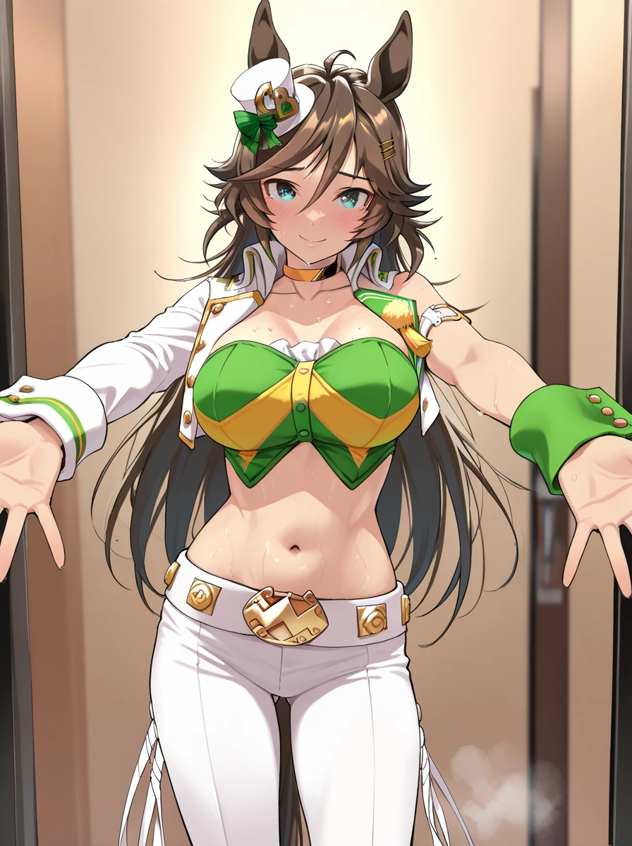 score_9, score_8_up, score_7_up, by bosshi, anime screencap BREAK source_anime, rating:explicit, , 1girl , :d, armpits, arms behind head, arms up, bikini , blush, breasts , brown hair, cleavage, collarbone , detached sleeves, hair between eyes , heart , large breasts , long hair , looking at viewer , navel , open mouth, sarong , see-through, see-through sleeves, sidelocks , simple background, smile, solo, spoken heart , standing , stomach , swimsuit, thigh strap, thighs , white background, yellow bikini , yellow eyes ,