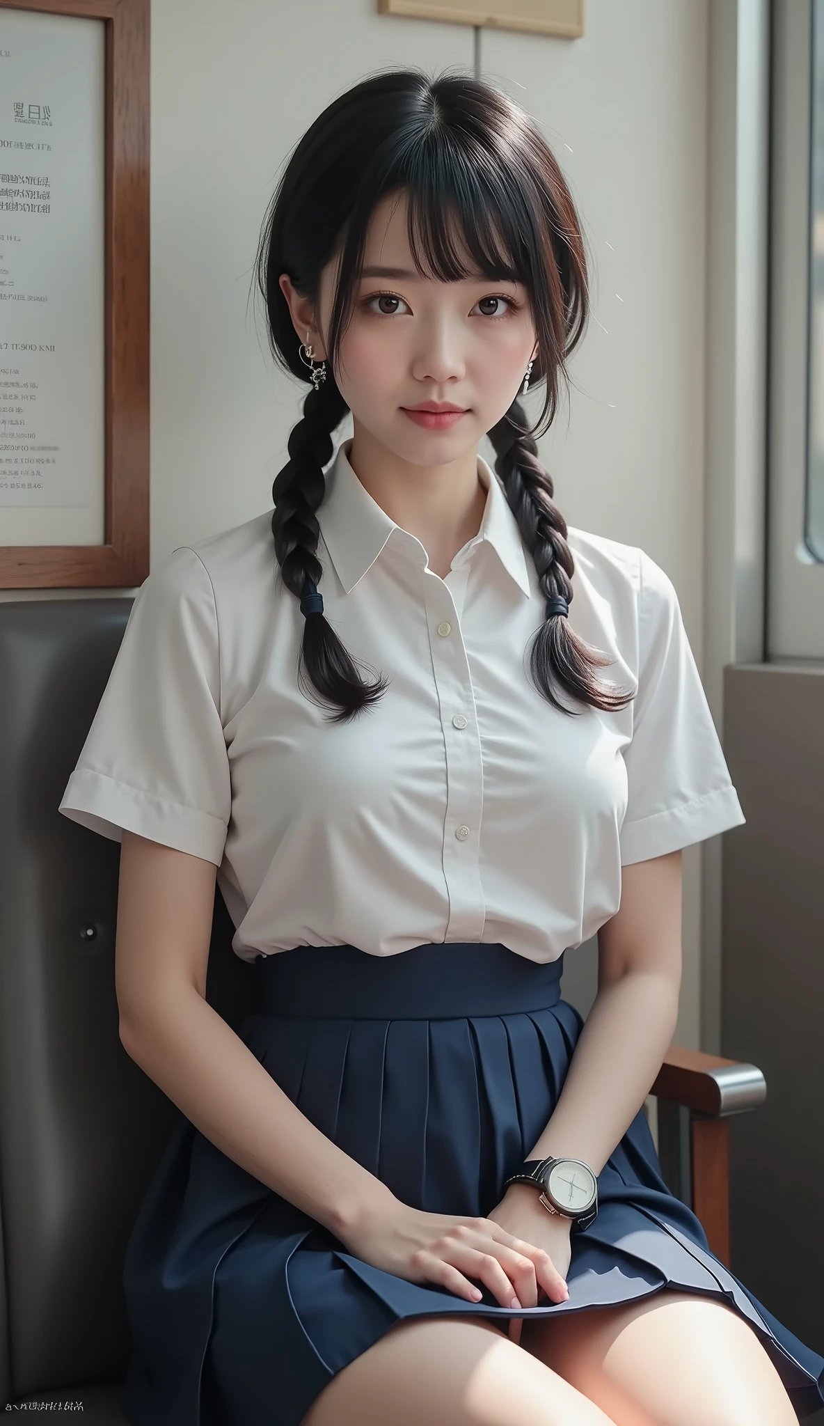 8k,Ultra High Resolution , Best Quality, masterpiece,rule of thirds,golden ratio,surreal,pictures, one woman,( girl:1.3),cute,cute顔, Beautiful Eyes in Every Detail , 細かくdetails,mature woman,Princess,Full body,black hair,Short twin tail hair,ID photo, luxurious and beautiful ,( famous Japanese idol girl),非常にdetailsな, 美しいlikeいアジア人女性の超写実的なデジタルイラスト, fully visible from head to foot in the frame,elegant makeup,she wears a traditional Japanese schoolgirl uniform,wearing a white sailor-colored blouse with perfect clarity, knee-length navy blue pleated skirt,appropriate ribbon tie,like々exudes vibrancy and charm. She's also wearing navy blue knee-high socks and shiny black shoes, complete a classic school uniform,miniskirt,in the train,sitting on a chair, simple yet effective with her outfit They provide contrast、Put her at the center of focus. The lighting is soft and even , gentle shadows that add depth and realism. is balanced in the composition , the subject is placed in the center, let you fully enjoy her outfit and look. The image is rendered in stunning 8K resolution, that captures every detail with perfect clarity,(((smile))),Booties, very delicate expression , delicate eye description,healthy body, ((Female 1)), Height: 160cm ,( thin waist:1.4)、( Beautiful :1.4), pink lips,Profile ,((( ideal figure))),Small A Cup Bust :2, portraits:2、 Perfect Anatomy 、鮮明な details、 details,thin lips,Perfect and beautiful face ,完璧でcute顔, meticulous skin , perfect limb that wraps around the body,thin waist, surreal,Light and Dark,fashion magazine cover,stage lights