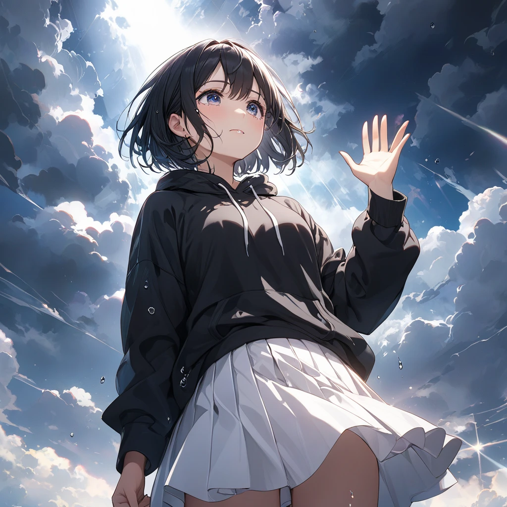anime、((Amazingly absurd)),(masterpiece:1.2),超High resolution, Attention to detail, high quality, High resolution, 最high quality, 4K, 8k、Crying girl、A girl looking up at the sky and raising one hand to the sky、Dark sky with thick clouds、The sunshine shining through the dark clouds after a heavy rain、Hope is the theme、Composition looking up from below、short hair、Black Hair、Black hoodie、White Skirt