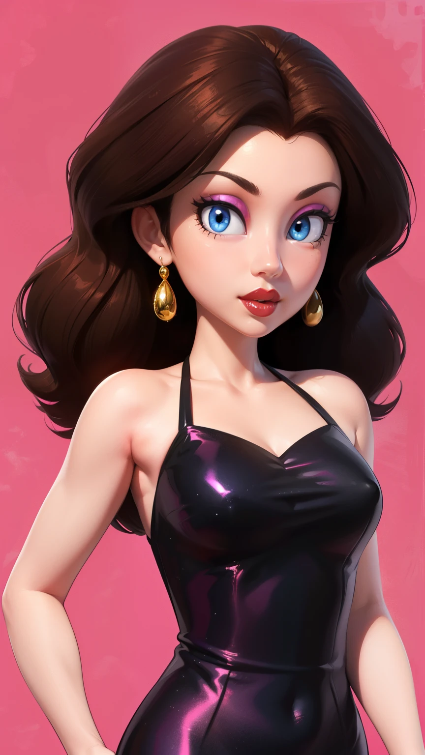 (Best quality, high resolution: 1.2), Ultra-detailed, (Realistic: 1.37) brunette, médium short braid brown hair, brown eyes, big chest, 19 years, full body, with (( black latex )) topless naked as nude show boobs and nipples with smile on