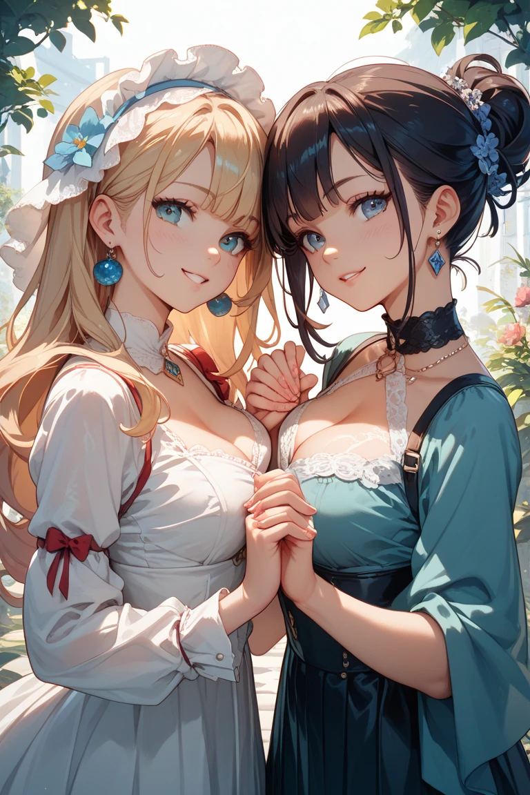 ((highest quality、High resolution、masterpiece))、(((2girls))), Portrait、A beautiful woman、Perfect body、beautiful ample breasts、Nipples、Long blonde、bangs、Blue and white、Embellished blue sexy dress、No panties、Embarrassed、((I'll lift my skirt and show you my pussy))、Love juice、I'm tempting you