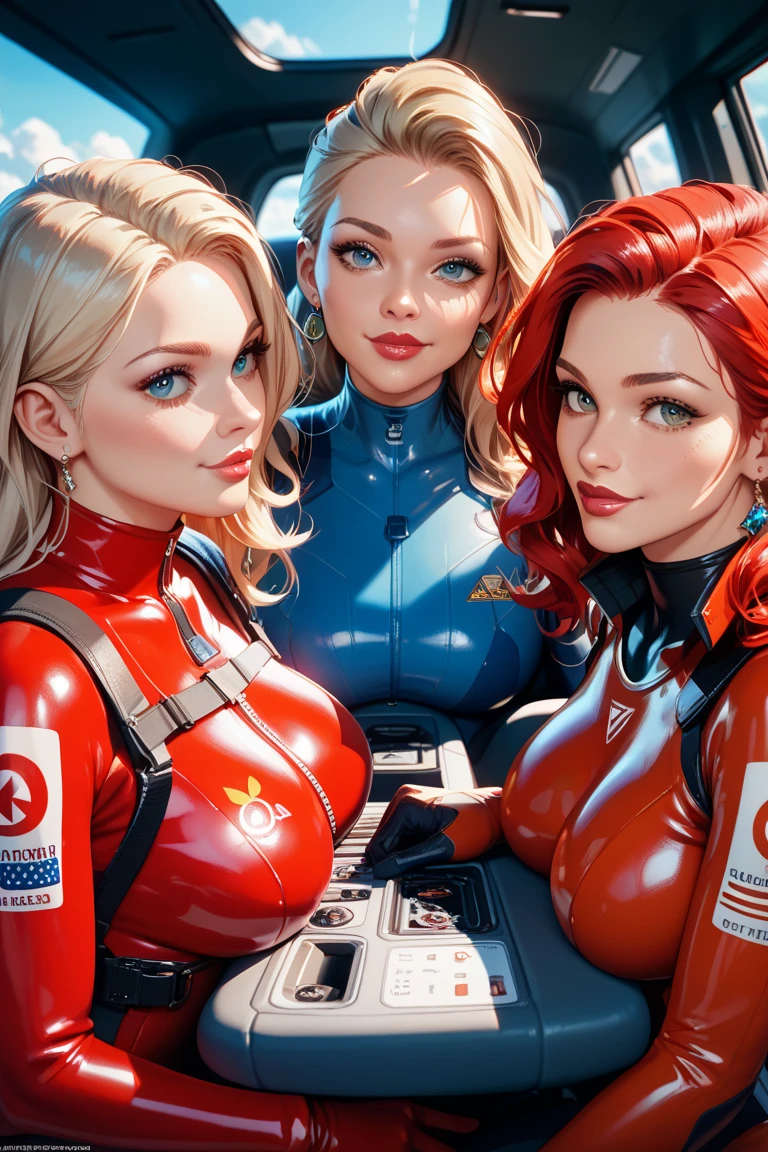 masterpiece, best quality, ultra-detailed, extremely detailed, 4K, 8K, best quality, beautiful00, 3girls, 3 cute girls, robot suit, robot, beautiful red hair, beautiful yellow eyes, beautiful eyes, Jagged teeth1, buttocks, large breast, tattoo0