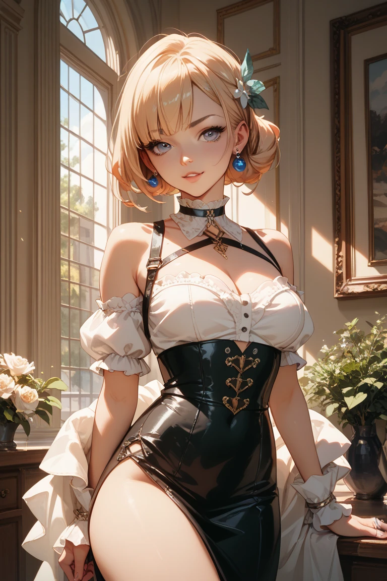 Masterpiece, Maximize highest quality:1.5, Maximum hyper beautiful and hyper realistic 3D digital illustrations:1.5, Hyper high power resolution, UHD, 16K, 1080p, Ultra hyper clear details, Smooth, soft and clearly and hyper realistic skin texture and hair texture:1.5, Hyper beautiful detailed eyes texture:1.5, Amazing dynamic movement:1.5, Beautiful backgrounds with depth of field, Hyper beautiful natural light, Rule of thirds, Maximize every effect and present it in the ultimate quality, 1woman, sexy, cool beauty, 25years old, beautiful face sharp, elegant mature woman, Ultimate perfect body style, beautiful big breasts, upturned breasts, beautiful green eyes, shiny blonde hair, short hair, Shag cut, (eyes visible through hair:1.3), glossy very thick lips, pink lipstick, smile:1.5, Wild maid outfit, dynamic pose, short leather skirt with lace trim, corset with metal studs, high boots with buckles, fingerless gloves, wild hairstyle, luxurious mansion parlor background,