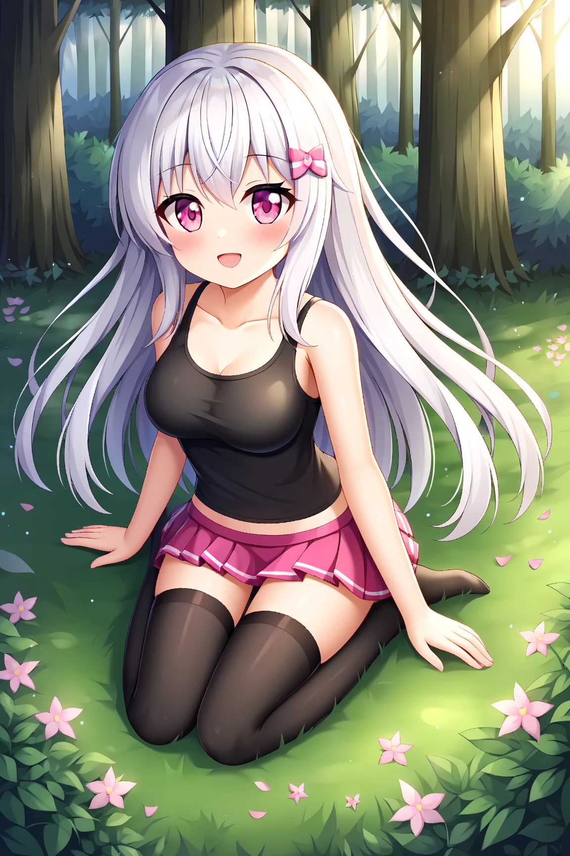 Cabello largo plateado, ojos verdes, dress, white clothes, flat breast, sonrisa, happy, wolf ears, wolf tail, abdomen lindo, muslos hermosos, forest, womb tattoo