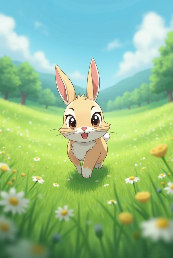 Make a short video of 2 seconds
Of a rabbit running across a grass field anime style
