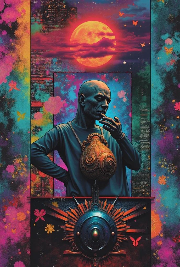 surrealist art breathtaking painting, Foul Drab muscular jamesjean, illustration, painting, he is feeling furious, giving you the finger, wabi-sabi Browline glasses, at Dusk, Tranquil, loop lighting, Cinestill, in the style of The Scream, movie still, A dramatic and intense oil painting of a muscular man named James Jean. He appears to be in a foul mood, his face twisted into a grimace as he gives the middle finger. His eyes are obscured by wabi-sabi Browline glasses, adding a touch of mystery to his persona. The scene takes place at dusk, under loop lighting that casts long shadows and creates a sense of tranquility. In addition to being a beautiful piece of art, this painting also serves as a movie still for the film "The Scream". It captures James Jean's character perfectly, showing off his impressive phys . award-winning, professional, highly detailed . dreamlike, mysterious, provocative, symbolic, intricate, detailed