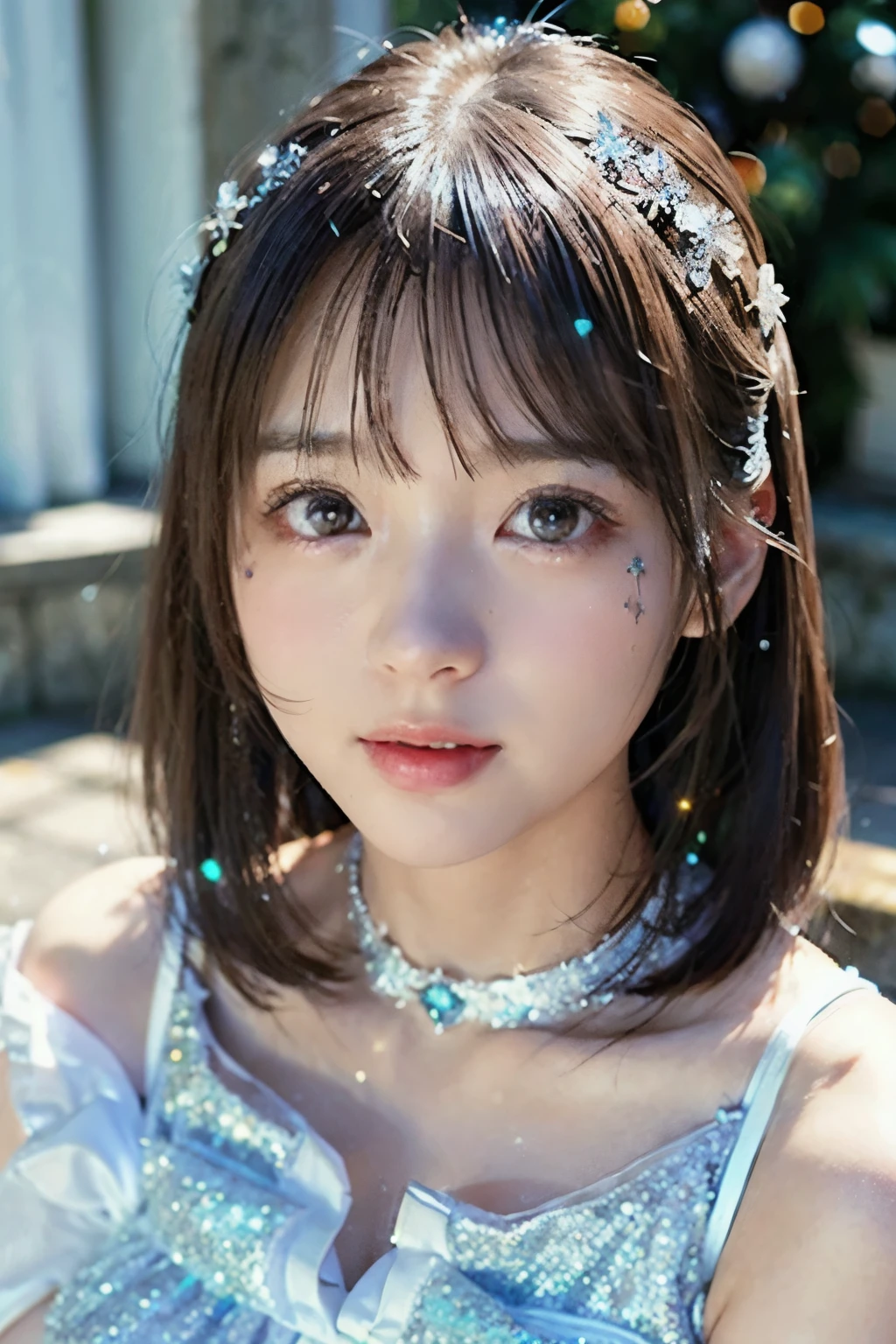 full body up , Portrait, Portrait, , 8k,masterpiece, Best Quality, 、Round-faced、Big Eyes、 troubled face、 slim、in trouble、、facing the front、flat body 、cute、Age 15、, one girl on her back、looking at the camera、face to face、pure white hair、Glowing Skin、((( GLITTER SKIN )))、、((super realistic details))、Portrait、global illumination、shadow、octane rendering with a slightly smaller mouth、、、metal、 cold color、、very intricate details、Realistic Light、CGSoation Trend Beautiful Eyes 、Eyes Shining at the Camera、drop shadow、、Sparkling Turquoise Eyes 、((Snowflakes))、、white background、Chain Choker