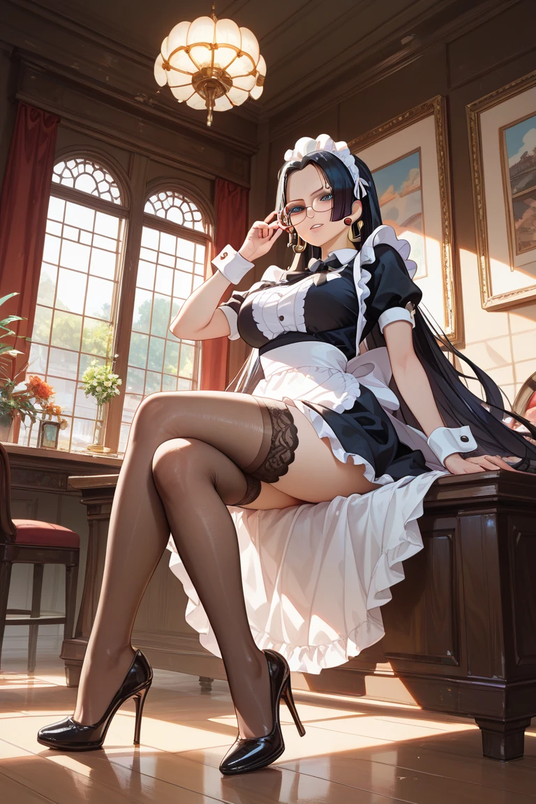 masterpiece, ultra detailed, 8k portrait, RAW photo, portrait photography, highly detailed face, beautiful and meticulous eyes, smile, dark blue hair, long hair, blue eyes, slender, white hair ribbon, (dark blue French maid costume:1.5), white tights, half boots, hands up, spread legs, squatting on teapot, (holding a tea set:1.5), by the old castle, in mid night, from below, (no panties:1.5), (realistic pussy:1.5), pubic hair, (piss into the teapot:1.5),