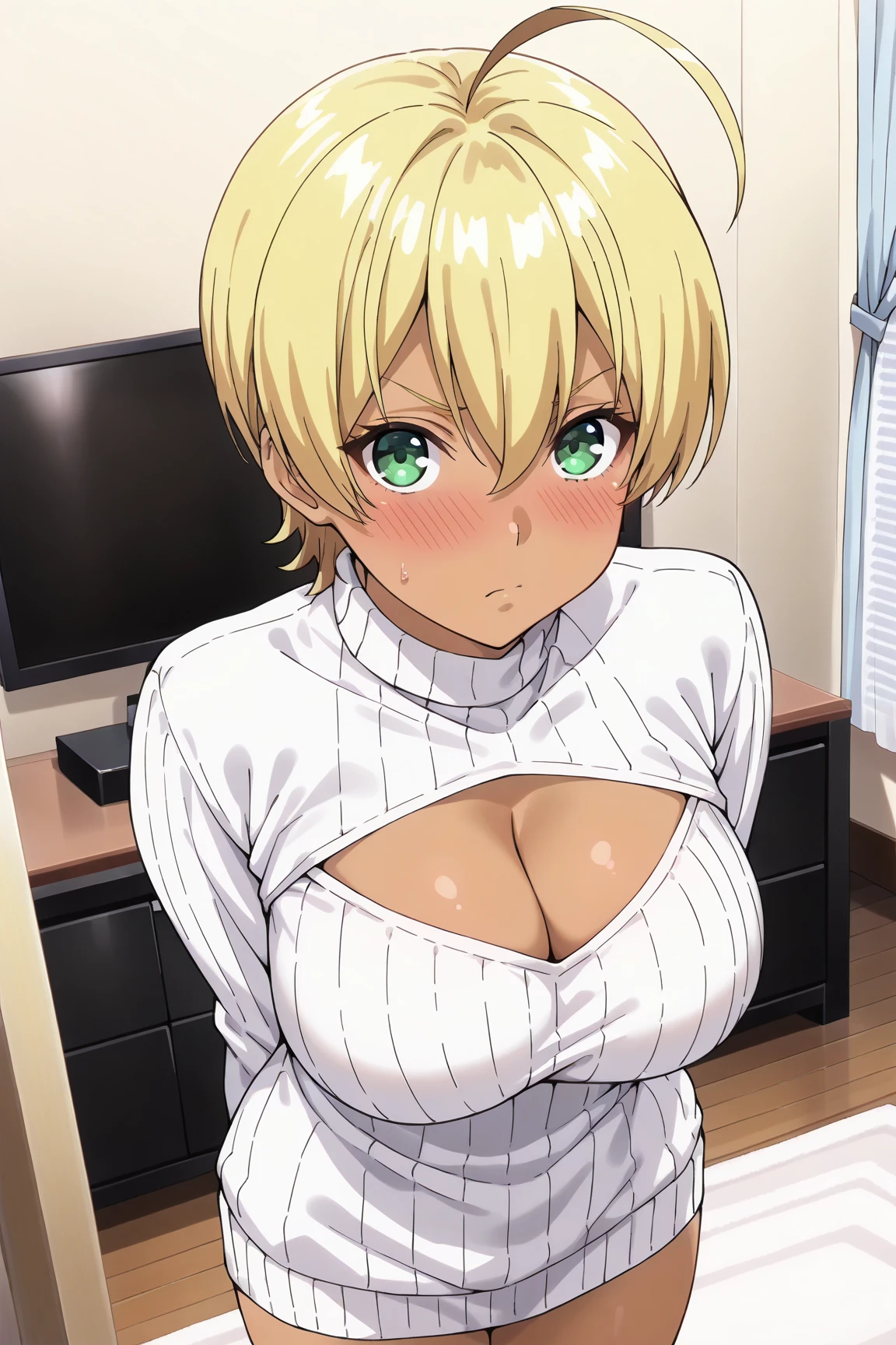 masterpiece, best quality, ((full-color:1.4)), pov, upper body, blowjob, 1girl, solo, Haruka, short hair, blond hair, Haruka's clothes, blue jacket, black shirt, grey skirt, evil smile, teeth mouth, nipples, erect nipples, covered nipples, uncensored,