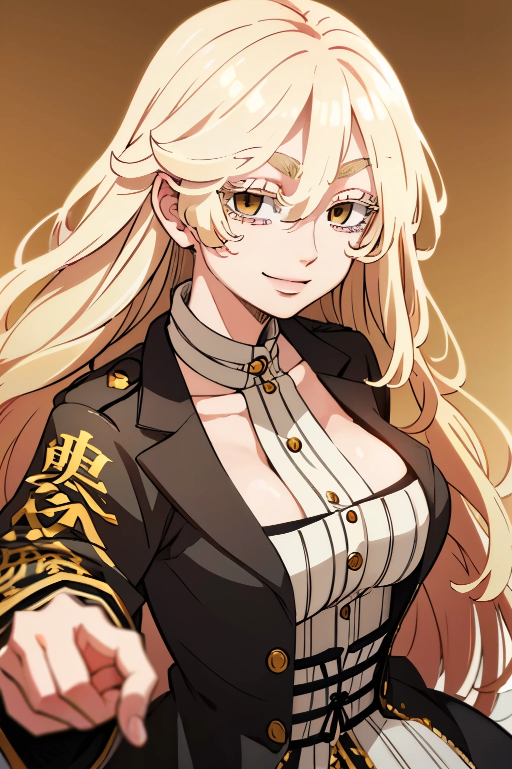 Female OC from Tokyo Revengers, with long wavy blonde hair, straight bangs, detailed golden eyes, with long and abundant eyelashes, with a charming and smiling appearance, and big breasts.