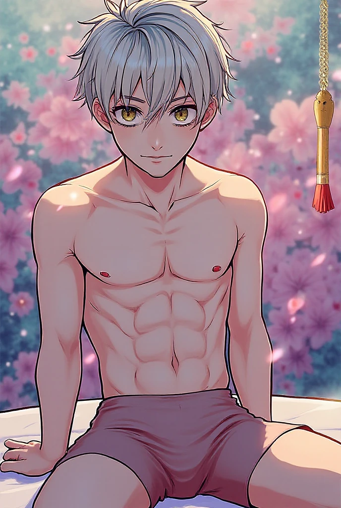 masterpiece, best quality, high quality, 1boy,, , duo, male focus, full body, looking at viewer, white hair,spiky hairstyle, short hair, steam smork, japan style, anime coloring, shy, home muji style, detailed face, topless, white towel on waist,white silk, sit on tatami