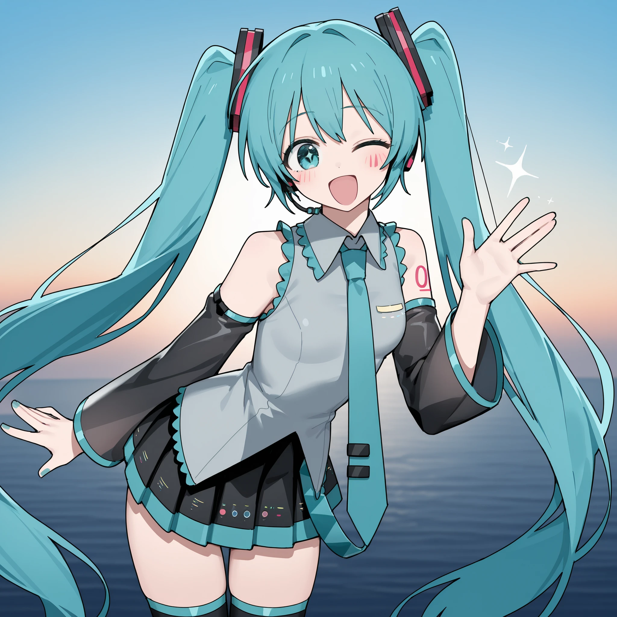 Hatsune Miku, very long hair, twintails, look over here、Charming Gesture 、1 person、 open your mouth and smile、happy expression、Channel style、Channel style、high definition、describe the facial features well、above thigh、soft light(Asahi and、sparkling light)、Light from the front、Brighten the background with the sky、Miku's expression「Smiling face」「cheerfully wink」「hand waving」etc. bright and cute!