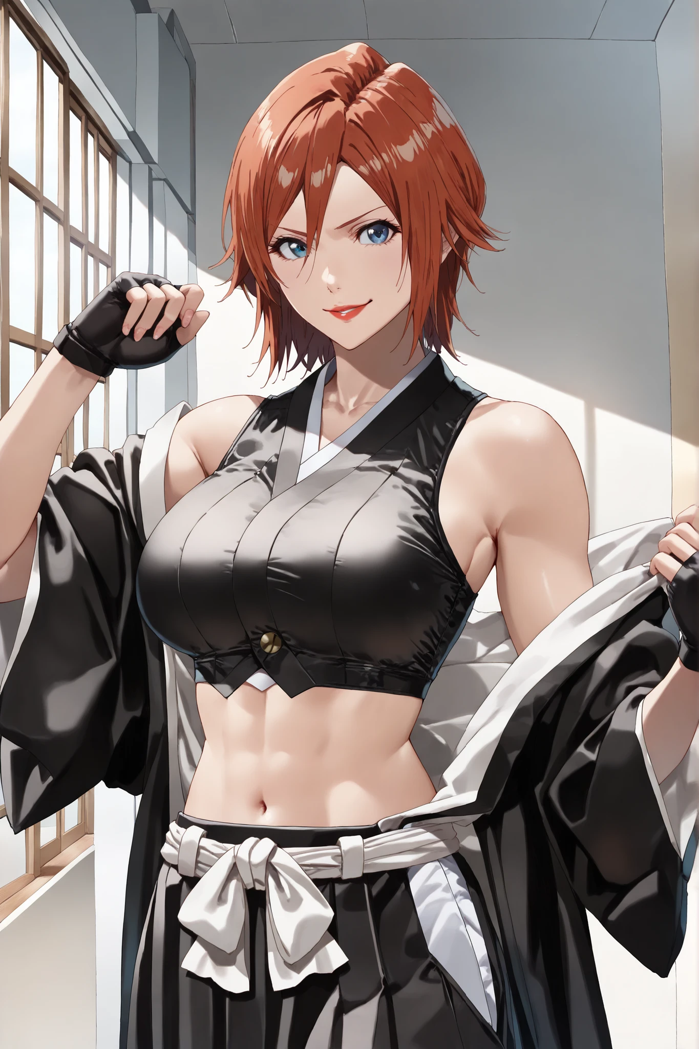 Masterpiece, ultra-detailed, 4K, HD, semi-realistic style, cinematic lighting. perfect face, perfect hands, perfect eyes, ((Cowboy shot)), Vanessa reimagined as combat specialist of the 7th Division in Bleach., (((black kimono))), ((Short auburn hair styled neatly, intense yet focused blue eyes radiating calm determination)). Lean but athletic build, exuding precision and strength, wearing a refined black shinigami uniform. Confident expression with a smirk hinting at her sharp intellect and combat prowess. Her hands are wrapped in protective bandages, symbolizing her mastery of Hakuda (hand-to-hand combat). Around her, faint streams of reiatsu flow like threads, reflecting her ability to tactically manipulate energy. Traditional Seireitei backdrop with an open training field and banners of the 7th Division visible in the distance. Scene emphasizing her duality as a fighter and thinker, exuding strength and intelligence. Best quality, semi-realistic style, harmony in composition, sharp details and vivid contrast. 2D semi-realistic, ((solo)), (((1woman))), auburn hair, confident pose, hand wraps, blue eyes, athletic physique, ((black shinigami uniform)), (((bare midriff))), VanessaKOF, red hair, short hair, black gloves, red lips, big breasts, (open kimono), bare shoulders