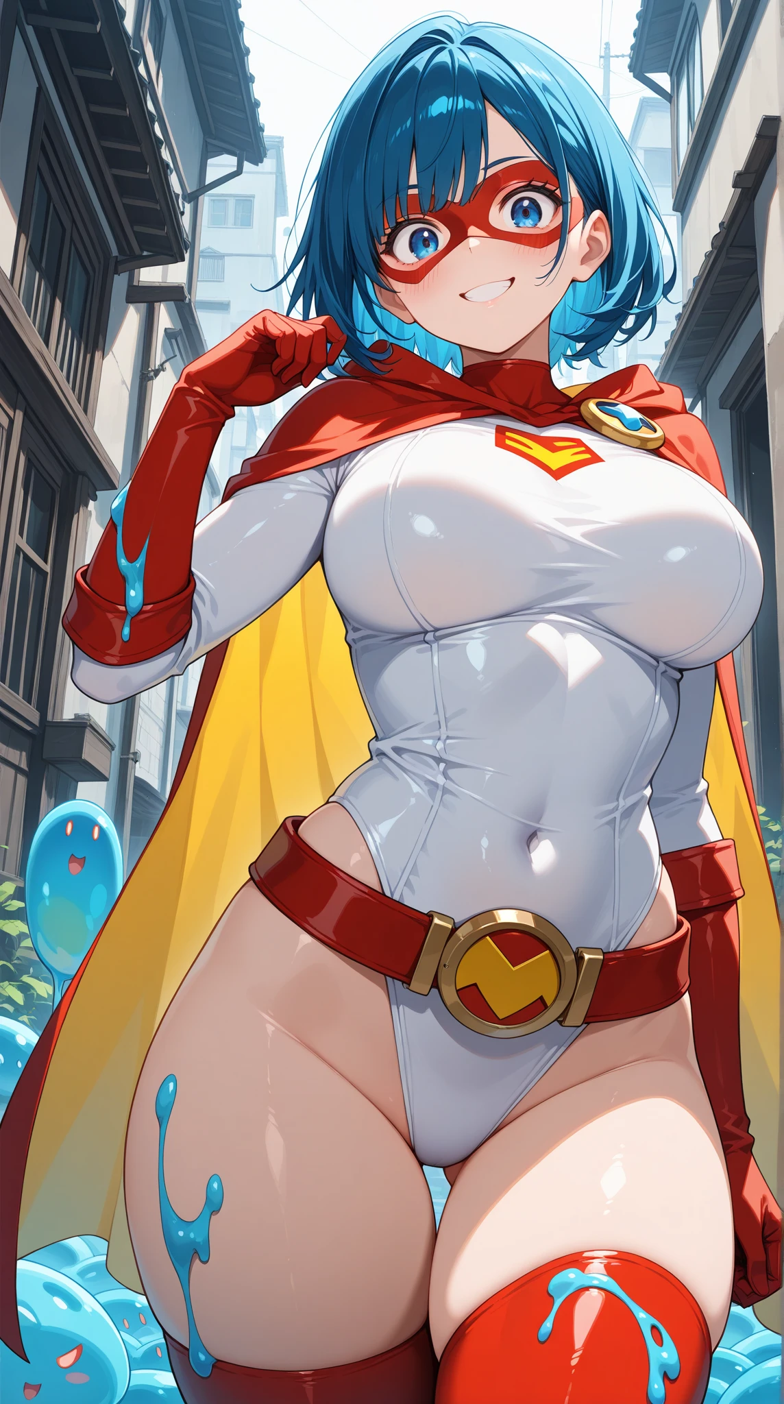 score_9_up, score_8_up, score_7_up, 1girl, solo, source_anime, hourglass figure, Big breasts, kemonomimi, bear ears, brown hair, short hair, messy_hair, blue eyes BREAK freckles, (cosplay), super girl cosplay, super hero, white bodysuit, cleavage cutout, red cape, blue gloves, blue boots, brave smile, closed mouth, standing, looking at viewer, outdoors, urban area, daytime 