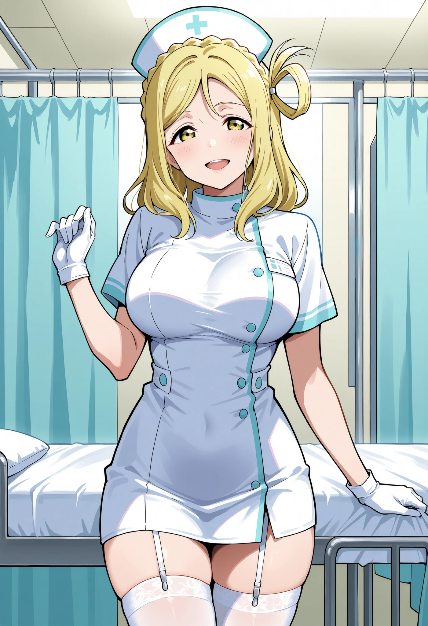 1 Female, nurse, nurse cap, White, ((White legwear, zettai ryouiki)), (sagging massive breasts), White gloves, Blonde Hair, blue eyes, Pink Lips, smile, Are standing, ((Hospital room)), Sharp contours, Short sleeve, Mature Woman, Age 35, highest quality, masterpiece