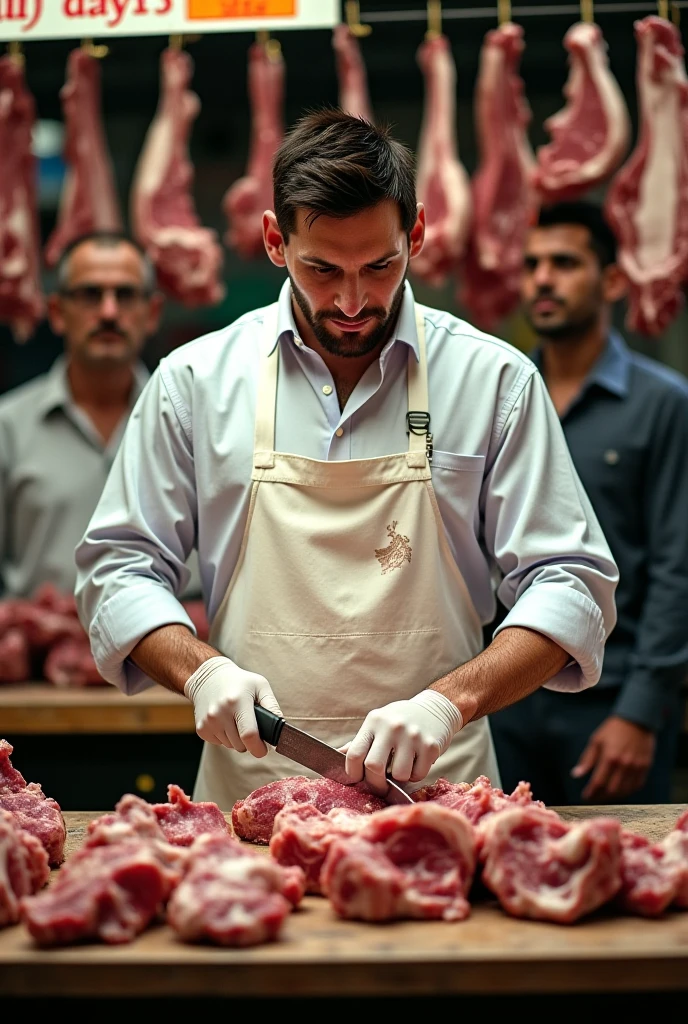 : The butcher, sweating and looking hurried, serves several customers who crowd the store. Everyone is buying more than usual, with faces of uncertainty and fear.