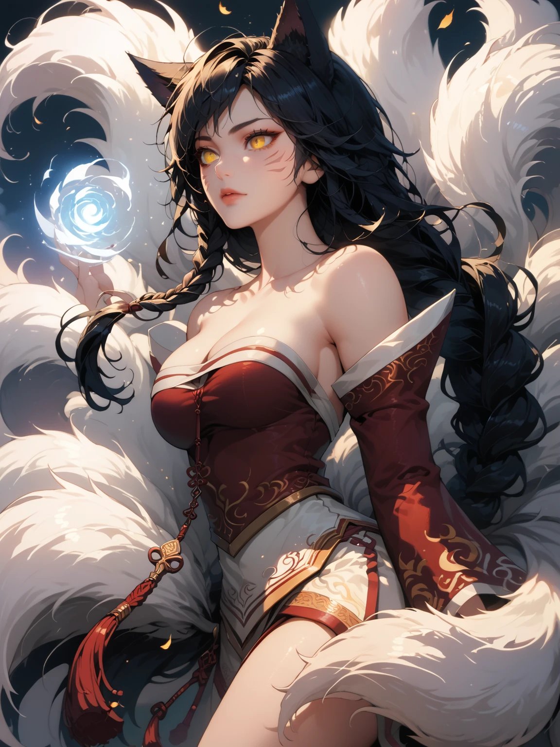 (best quality,ultra-detailed,realistic:1.37),Ahri,spa,luxurious,relaxing atmosphere,beautiful detailed eyes,beautiful detailed lips,smiling,bathrobe,sitting upright,black hair,nine white tails,peaceful background,portraits,vivid colors,soft lighting,tranquil ambiance, bare breasts