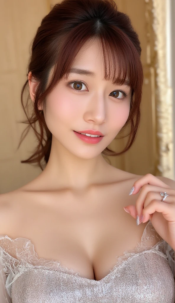 masutepiece, Best Quality, Illustration, Ultra-detailed, finely detail, hight resolution, 8K Wallpaper, Perfect dynamic composition, Beautiful detailed eyes, doress,Medium Hair, mid-chest, Natural Color Lip, Random and sexy poses,Smile,Tower Mansion