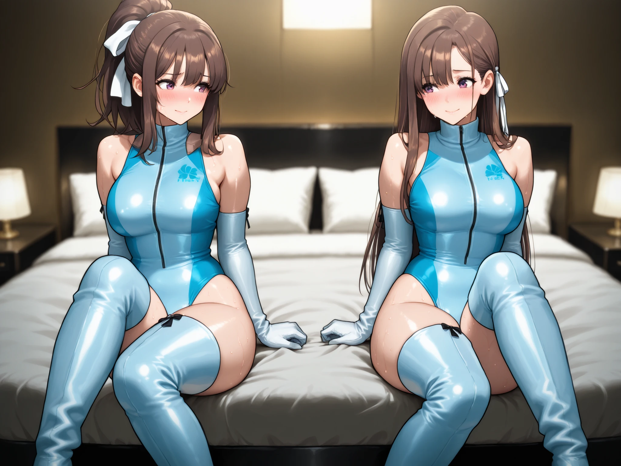 masterpiece, best quality, beautiful eyes, perfect face
(Two girls)beautiful, long blueblack straight hair, brown hair in a ponytail with a white ribbon, big breasts, beautiful legs. They are sitting on a bed, blushing and smiling. Sexy expressions. Horny. They are inviting a man to have sex.
They are wearing matching outfits, blue competitive swimsuits (high-cut, shiny), long white gloves and white thigh-high boots.
Sweaty skin. Dark, luxurious hotel room.